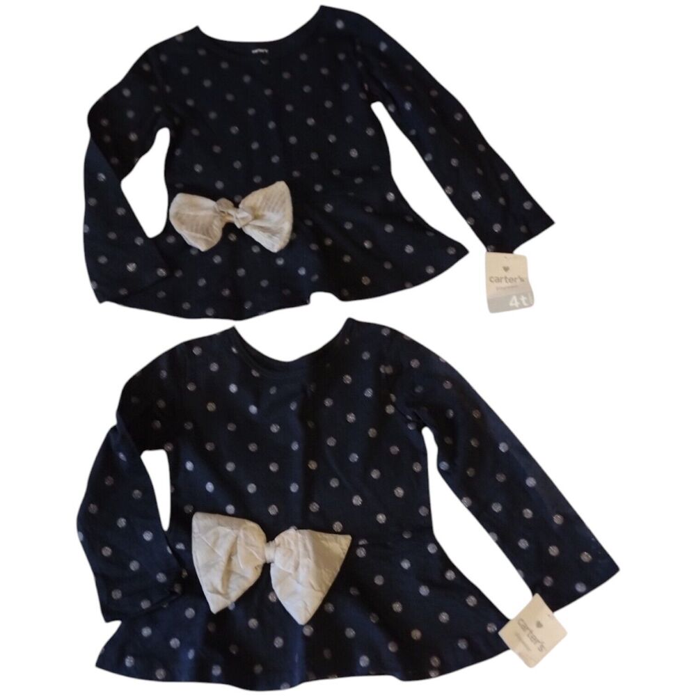 2 Carter's PlayWear Size 4T Girls Long Sleeve Peplum Black Silver Polka Dot...